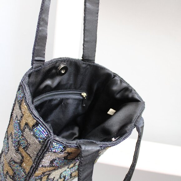 Vintage Beaded Black Multicolor Patterned Rectangle Double Handle Handbag Purse - Picture 5 of 5